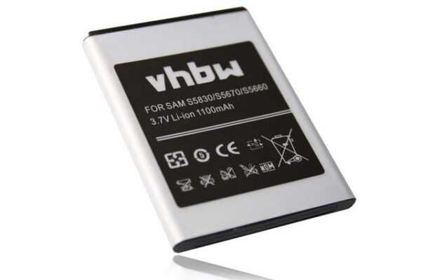 vhbw passend für Samsung Galaxy GT-S5830, GT-S5830T, GT-S6012, GT-S6310, Smartphone-Akku 1100 mAh