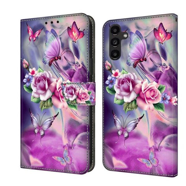 CLM-Tech Handytasche für Samsung Galaxy A25 5G Hülle Tasche aus Kunstleder Klapphülle (lila Blumen Schmetterlinge, Handyhülle mit Standfunktion - Wallet Flip Case inklusive Kartenfächer), - Cover Etui mit Magnetverschluss - Galaxy A25 5G Schutzhülle