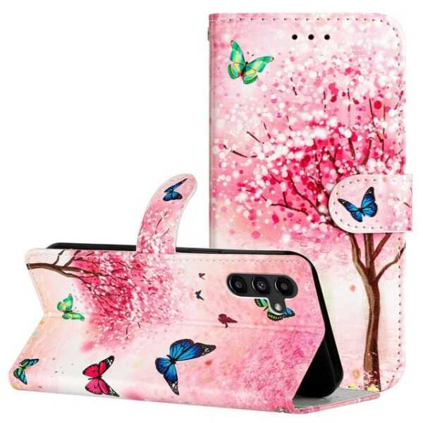 CLM-Tech Handytasche für Samsung Galaxy A55 5G Hülle - Tasche aus Kunstleder Klapphülle (rosa Baum und Schmetterlinge, Handyhülle mit Standfunktion - Wallet Flip Case inklusive Kartenfächer), - Cover Etui mit Magnetverschluss - Galaxy A55 5G Schutzhülle