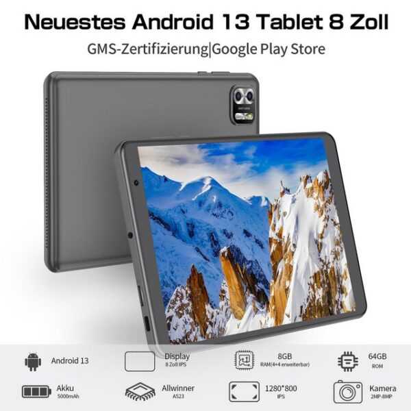 VASOUN B8, 5000 mAh Akku, 8GB RAM+64GB ROM Tablet (8", Android 13, 2MP+8MP, Wi-Fi 5G, BT 5.2, 1280 x 800 HD-Auflösung)