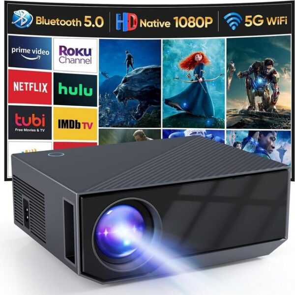 Wielio 2024 Neuer 5G WiFi-Unterstützung, Ultra HD 1080P Portabler Projektor (16000 lm, 10000:1, 1920*1080 px, Heimkino kompatibel mit Smartphones TV-Stick Firestick PS5 Xbox)