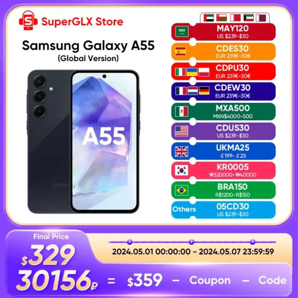 100% Original New Samsung Galaxy A55 5G Exynos 1480 6.6" FHD+ Super AMOLED 120Hz Display 50MP Camera