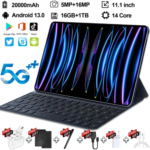 2024 5G New Android 13.0 Global Version 5K HD 11.1 Inch Tablet Android 16GB RAM 1TB ROM 20000mAh