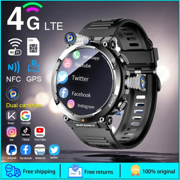 4G LTE Smartwatch 1.39" GPS Dual Camera Wifi SIM NFC Rugged 64G-ROM Google Play APP Download IP67