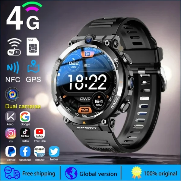 4G LTE Smartwatch For Men GPS HD Dual Camera SIM Talk NFC Heart Rate Health Monitoring Face Unlock