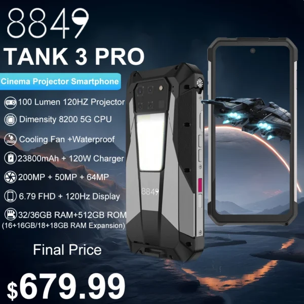 8849 Tank 3 Pro by Unihertz Rugged Smartphone 5G with 100 Lumens Projector 32/36GB 512GB 23800mAh