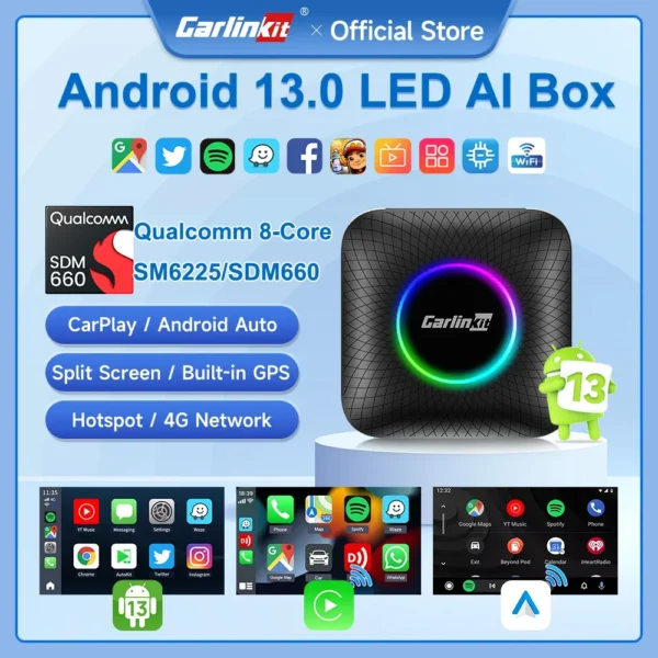 CarlinKit CarPlay Ai TV Box Android 13 SDM660 SM6225 8 núcleos sem fio CarPlay Android Auto 4G LTE