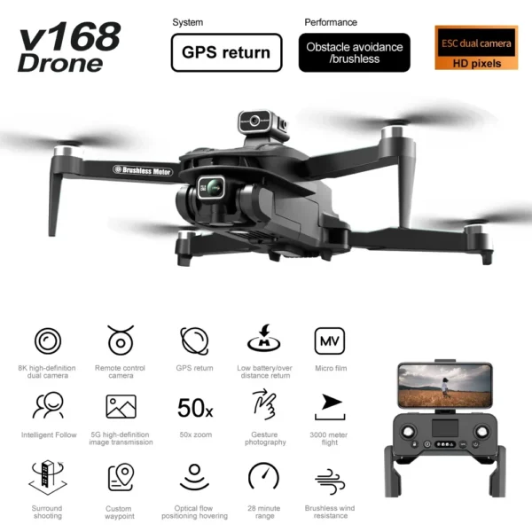 Fotografia Aérea Dual-Camera HD Profissional V168 Drone 8K 5G GPS Evitar Obstáculos a 360 °