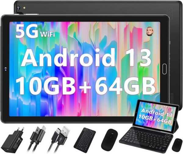 GOODTEL 10GB RAM (TF 1TB),WiFi 5G/2,4G+Bluetooth 5.0/Google GMS Tablet (10", 64 GB, Android 13, 2.4G, mit GPS/Widgets/Split-Screen-Funktion/Typ-C/OTG/mitHülle+Tastatur+Maus)