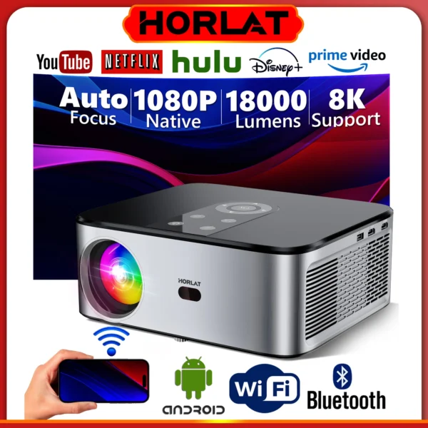 Horlat Android 4k LED-Projektor 700Ansi Full HD 1080p Video 16g Heimkino Autofokus 5g WLAN