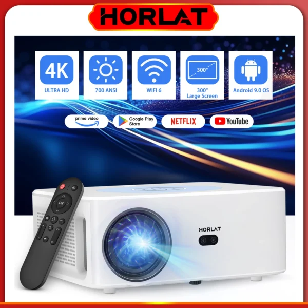 Horlat LED-Projektor Android 4k Full HD 1080p Video Heimkino 700Ansi Auto Keystone 5g WLAN