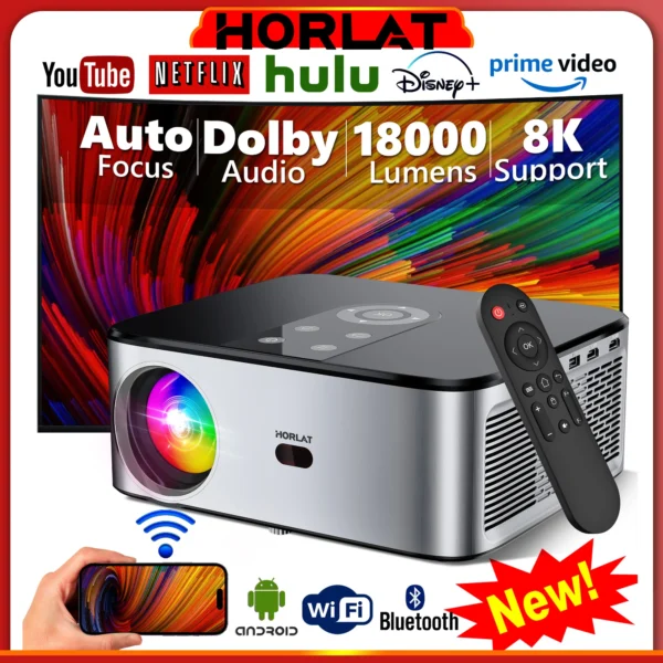 Horlat android 4k projektor full hd 1080p 8k video dolby audio heimkino autofokus keystone 5g wifi