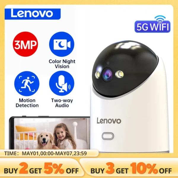 Lenovo 3MP 5G WiFi PTZ IP Camera Smart Home Color Night Audio Wireless Surveillance Camera Auto