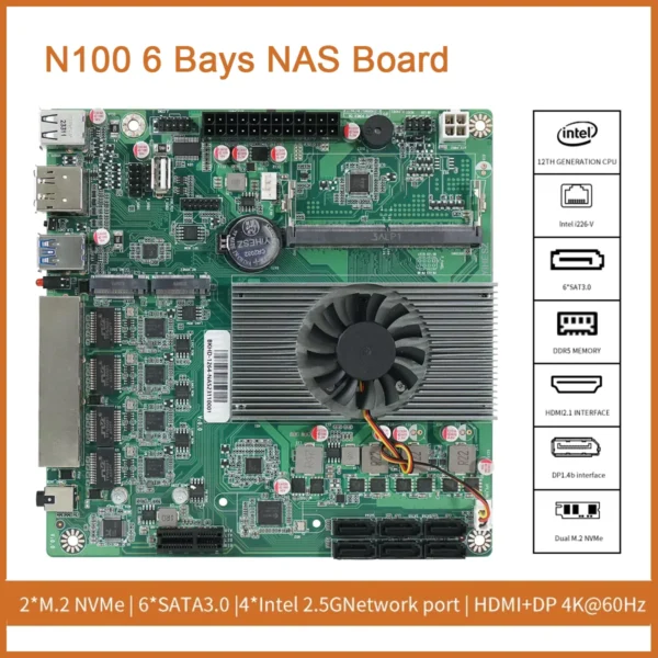 N100 NAS DDR5 Motherboard 6* SATA3.0 4X Intel I226 2.5G Mini ITX 17x17CM 2* M.2 1XPCIE For Soft