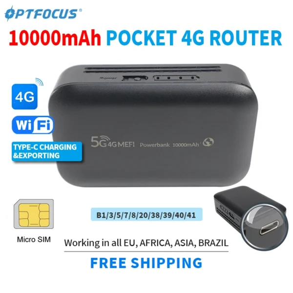 OPTFOCUS 4G lte Portable Modem Wireless Router Powerbank USB TYPEC 4G SIM Card 10000Mah MIFI Modem