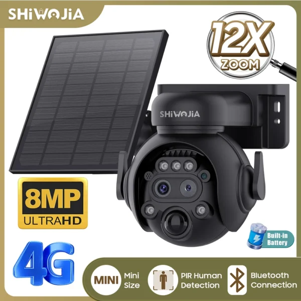 SHIWOJIA 12X Zoom 4G LTE Solar Security Camera 8MP Night Vision Dual-Lens Outdoor WiFi Solar Battery