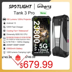 Unihertz Tank 3 Pro 8849 Rugged Phones 5G with 100 Lumens Projector 32/36GB 512GB 23800mAh